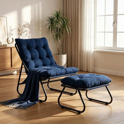 Rocking Chair with Ottoman, Modern Metal Frame Outdoor Rocker, Comfy Patio Lounge Chair with Footrest, Reading Glider Chairs for Living Room, Bedroom, Balcony, Garden, Relax, Navy Blue