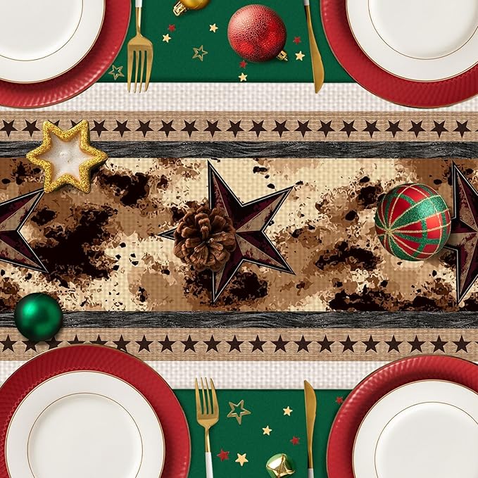 Cow Print Stars Table Runner,Dining Decor for Kitchen Coffee Table Family Dinners Holiday Parties Wedding Events Decor(13x72 inch)