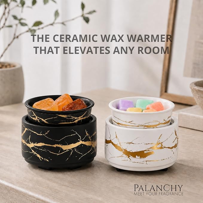 PALANCHY Electric Wax Melt Warmer for Scented Wax, Wax Warmer Set of 2 | Glazed Ceramic Wax Melter Black & White, 3-in-1 Candle Wax Melts Warmer Oil Burner for Aromatherapy. 4 x 4 x 3.5 ins, 17W