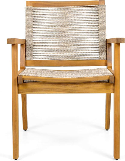 Christopher Knight Home Kita Acacia Wood Patio Dining Chairs Set of 2, Wooden Outdoor Dining Chair Set, Outdoor Kitchen Side Chair with Woven Rope, Teak+Dark Beige