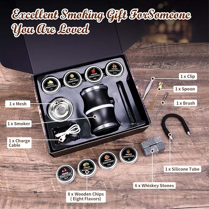 Electric Whiskey Smoker Kit, Cocktail Smoker Kit with Whiskey Stones & 8 Flavors Wood Chips, Drink Bourbon Old Fashioned Smoker Kit, Whiskey Gifts for Men, Dad, Husband, Boss, Boyfriend