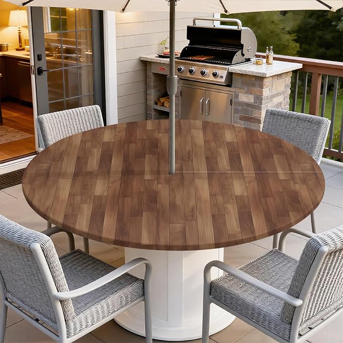 Outdoor Tablecloth with Umbrella Hole and Zipper Fits 61-65" Tables | Waterproof Round Fitted Tablecloth with Elastic Edge, Wipeable Outdoor Table Cover for Patio, Garden, Picnic