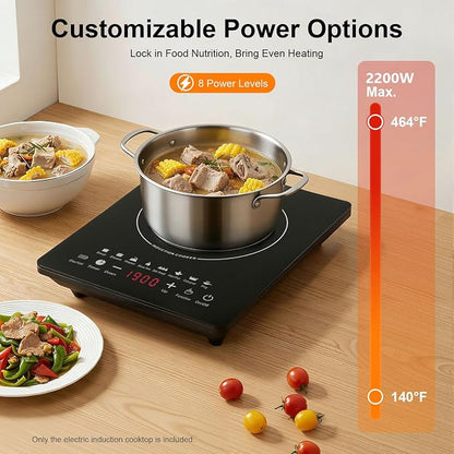 Induction Cooktop 2200W, Portable Hot Plate w/ 8 Power Levels | Countertop Portable Electric Stove with LCD Display, Timing, Adjustable Temperature for RV, Dorm, Home Kitchens