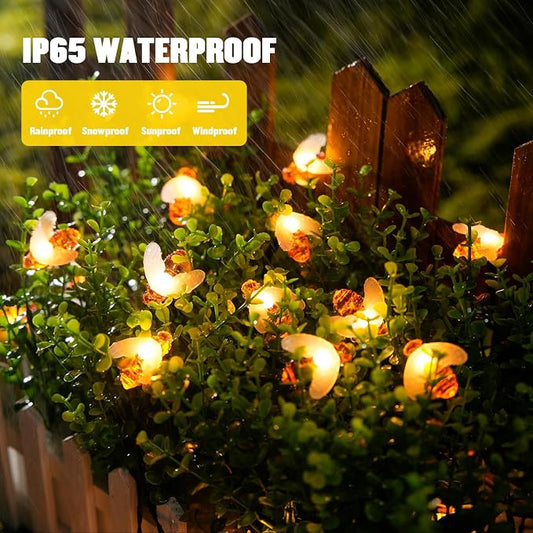 JMEXSUSS 2 Pack Solar String Lights Outdoor, 50 LED, Bee | Outdoor Waterproof, Warm White, 8 Modes Twinkle Lights Solar Fairy Lights for Garden Patio Yard Tree Christmas Decorations