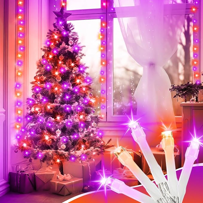 100FT Purple and Orange Halloween String Lights | Clear Wire LED Mini Lights, 8 Modes, Timer, Plug-in Indoor Outdoor Decor for Tree, Porch, Fence, Yard and Fall