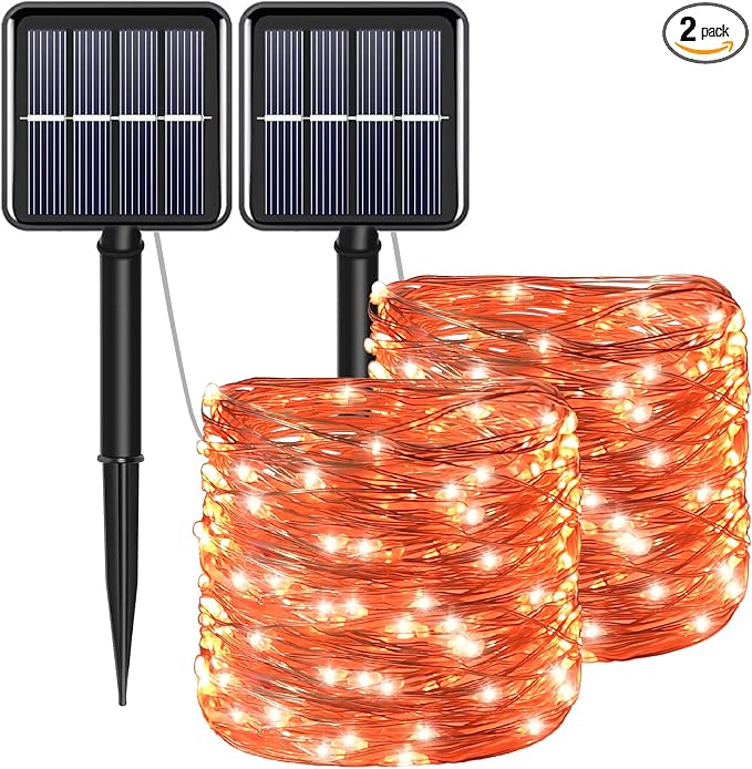 Fall Outdoor Decorations, Orange Solar String Lights Outdoor, 2Pack Total 200 LED Fairy Fall Lights Thanksgiving Halloween Decor, 8 Modes Waterproof for Porch, Garden, Patio, Fence, Balcony