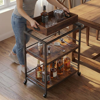 3-Tier Rolling Bar Cart with Removable Tray for Home Kitchen | Rolling Wheels with Handle, 3-Tier Storage, Removable Serving Tray, Sturdy Frame, Multi-Purpose for Kitchen & Bar Use