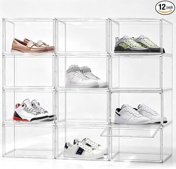 12 Pack Clear Acrylic Shoe Box, Stackable Organizer for Everyday Footwear | Fits size 14 sneakers,casual shoes and athletic footwear.Clear acrylic design with magnetic door & dustproof storage. 12 Pack