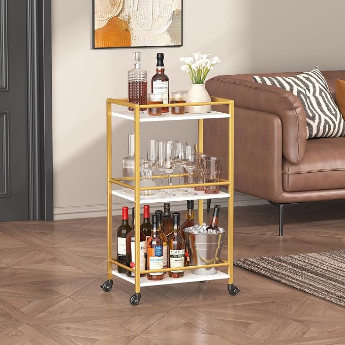 Lifewit Mini 3 Tier Rolling Bar Cart with Lockable Wheels, Gold | Drink serving liquor utility cart for dining living room, compact size 17 x 11.8 x 32.1 inch, mobile wine storage trolley