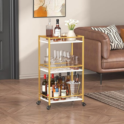 Lifewit Mini 3 Tier Rolling Bar Cart with Lockable Wheels, Gold | Drink serving liquor utility cart for dining living room, compact size 17 x 11.8 x 32.1 inch, mobile wine storage trolley