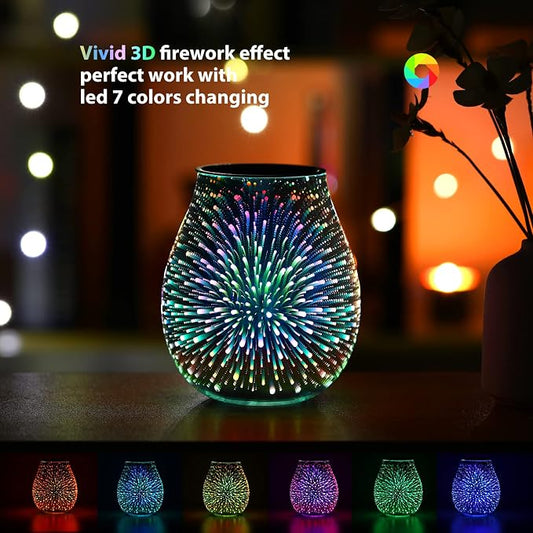 inrorans Glass Electric Wax Melt Warmer Oil Burner with Stable Heating PTC Reusable Silicone Tray 7 Colorful Changing Led Light Night Light Scent Warmer for Home Fragrance Warmers-Firework