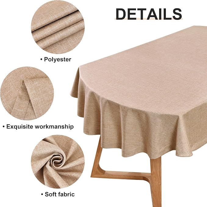 Wolkemer Faux Linen Oval Tablecloth Heavy Duty Wrinkle Resistant Fabric Table Cloths 60 x 102 Inch Flaxen Farmhouse Rustic Table Cover for Kitchen Dining Indoor Outdoor Tabletop Decoration