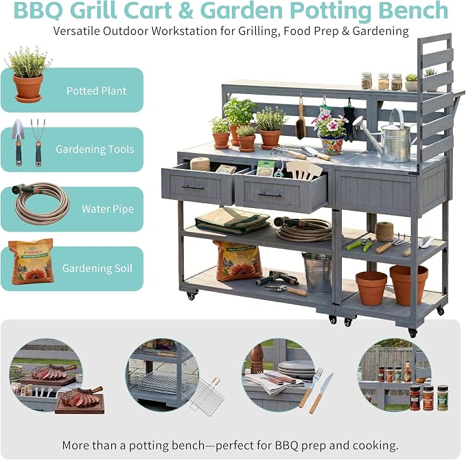 Outdoor Kitchen Cart with Stainless Steel Top, 62.3 Inch | Fir wood frame, stainless surface, raised shelf, fixed shelf, 2 lockable wheels, split-use design, BBQ prep, patio garden use