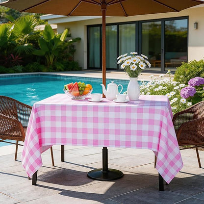 Poise3EHome Rectangle Outdoor Tablecloth with Umbrella Hole and Zipper,Pink and White Gingham 84x60 Inch,SpillProof Washable Table Cloth for Spring Summer Patio Garden Poolside Picnic Camping BBQS