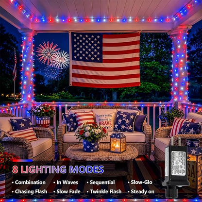 YEGUO 165ft 500 LED Red White and Blue Lights, 4th of July Decorations String Lights Plug in Indoor Outdoor, 8 Modes Clear Wire Patriotic Light for Independence Day Holiday Memorial Day Party Decor