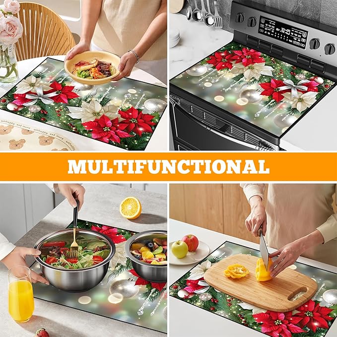 Christmas Multi-Design Stove Cover for Glass/Electric Stoves - 3-in-1 Heat-Resistant Protector Mat, Non-Slip Drying Rack 28"x20"