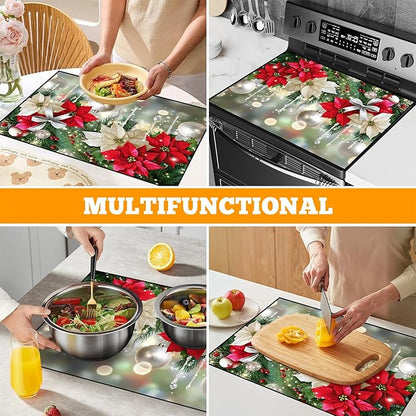Christmas Multi-Design Stove Cover for Glass/Electric Stoves - 3-in-1 Heat-Resistant Protector Mat, Non-Slip Drying Rack 28"x20"
