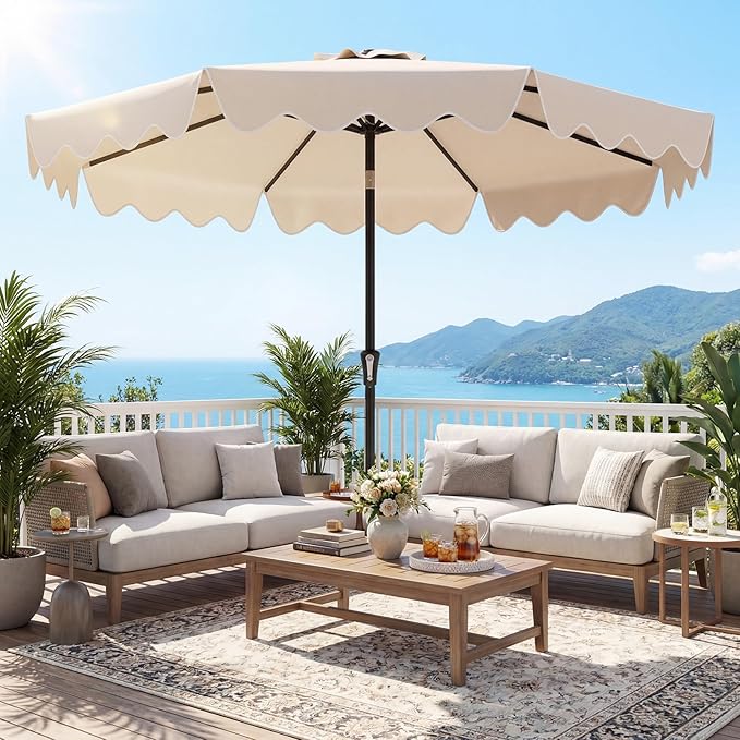 Tangkula 9 FT Patio Umbrella with Base Included, 2-Tiers Outdoor Scalloped Table Umbrella with 2 Sandbags, Tilt Adjustment, Crank, 8 Ribs for Market Backyard Pool Deck Beach Lawn