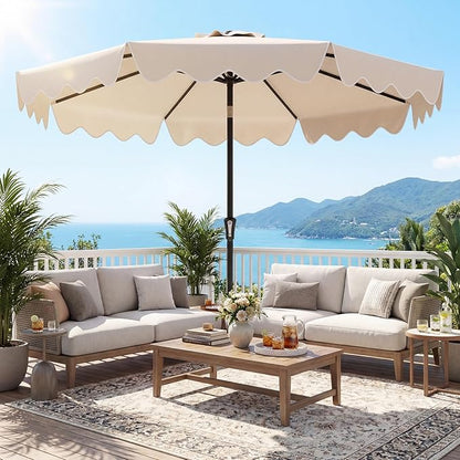 Tangkula 9 FT Patio Umbrella with Base Included, 2-Tiers Outdoor Scalloped Table Umbrella with 2 Sandbags, Tilt Adjustment, Crank, 8 Ribs for Market Backyard Pool Deck Beach Lawn