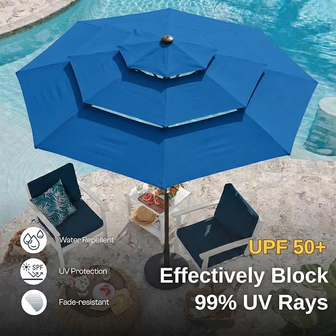 10ft 3 Tier Patio Umbrella, Outdoor Market Table Umbrella with UPF 50+ Vented Canopy, 8 Sturdy Ribs, Easy Push Button Tilt and Crank, Windproof for Deck, Pool, Backyard and Garden