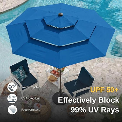 10ft 3 Tier Patio Umbrella, Outdoor Market Table Umbrella with UPF 50+ Vented Canopy, 8 Sturdy Ribs, Easy Push Button Tilt and Crank, Windproof for Deck, Pool, Backyard and Garden