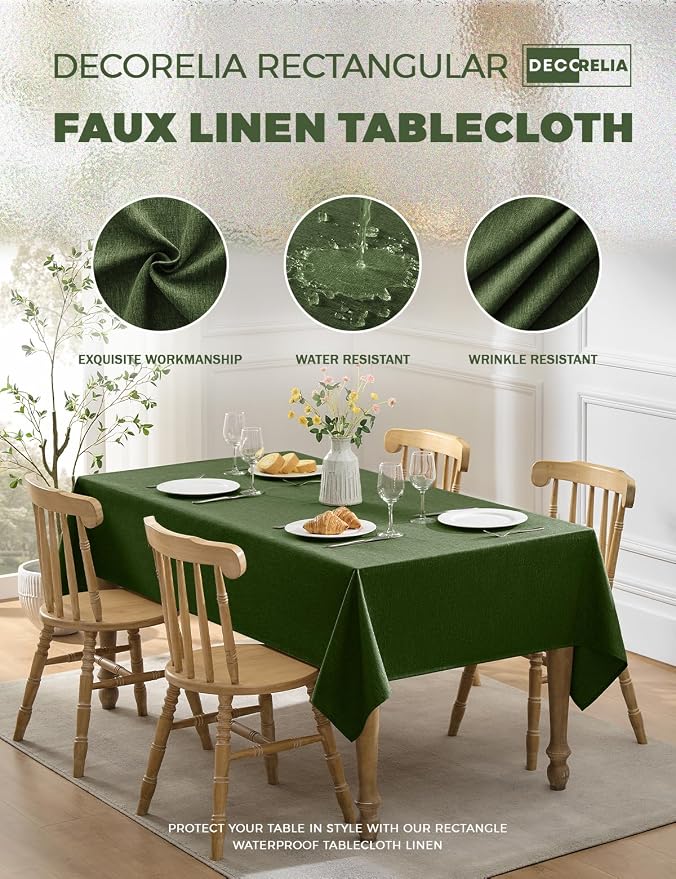 Decorelia Waterproof Table Cloth for 10ft Rectangle Table, Outdoor Spillproof Wrinkle Free Tablecloth for Banquet, Christmas, Thanksgiving,Easter (Oblong, 60 x 144 Inch (12-14 Seats), Dark Green)