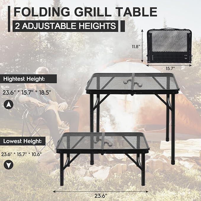 Camping Portable Folding Matel Grill Table,2x1.3 FT | Lightweight Height Adjustable Metal Picnic Outdoor Table with Mesh Desktop and Mesh Bag, Picnic, Beach and BBQ, Party