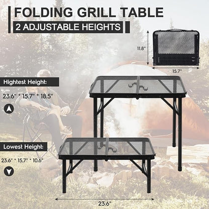 Camping Portable Folding Matel Grill Table,2x1.3 FT | Lightweight Height Adjustable Metal Picnic Outdoor Table with Mesh Desktop and Mesh Bag, Picnic, Beach and BBQ, Party