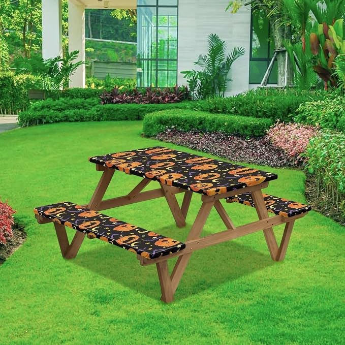 Picnic Table Cover with Bench Covers 3 PCS for Outdoor BBQ Camping Halloween Pumpkin Bat Camping Tablecloth with Elastic Band
