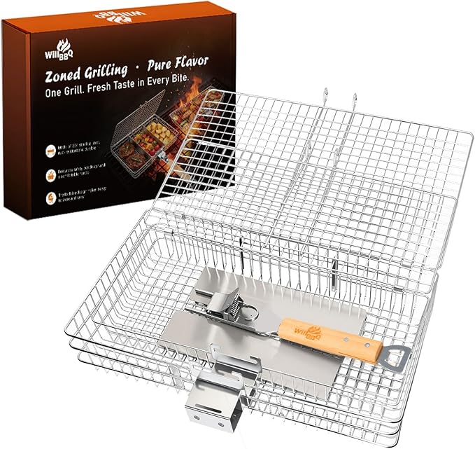WILLBBQ Grill Basket Set for Camping Outdoor BBQ, Includes 2 Sizes, Removable Divider, Basting Brush, Folding Portable Wooden Handles, Stainless Steel Fish Grilling Veggie Meat Baskets