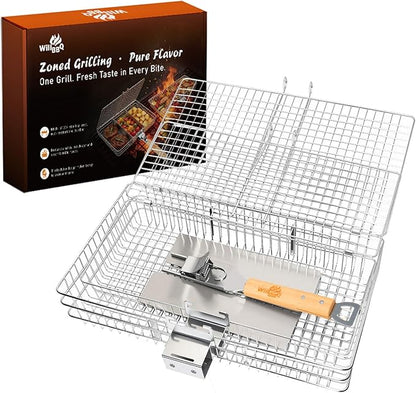 WILLBBQ Grill Basket Set for Camping Outdoor BBQ, Includes 2 Sizes, Removable Divider, Basting Brush, Folding Portable Wooden Handles, Stainless Steel Fish Grilling Veggie Meat Baskets