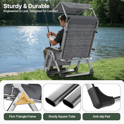 Suteck Zero Gravity Chair with Canopy, 29In XL Oversized Lounge Chairs | w/Removable Cushion&Headrest, Upgraded Lock and Footrest, Folding Reclining Patio Chairs Recliner for Indoor Outdoor