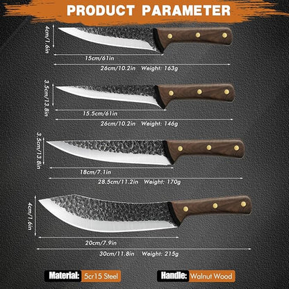 MDHAND Butcher Knife Set, Ultra Sharp Hand Forged Meat Cleaver & Brisket Knives & Boning Knife Set With Leather Sheath, High Carbon Steel Kitchen Knife Set for Outdoor & BBQ, Gifts for Men Women