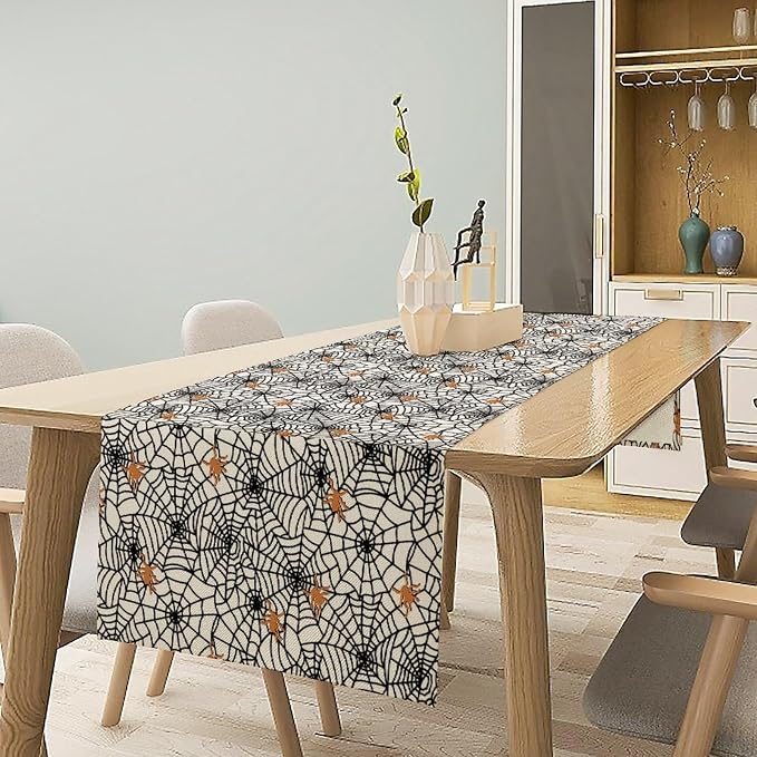 Web Spider Table Runner Classic Halloween Tabletop Decoration Fall Seasonal Kitchen Dinning Decor for Holiday Home Party Indoor Outdoor 13x70 Inch