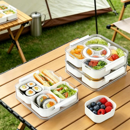 2-Tier Stackable Snackle Box Container, Divided Serving Tray with Lid and Handle, BPA-Free Plastic Food Organizer for Fruit, Veggies, Spices, Portable for Picnic, Party, Kitchen Countertop