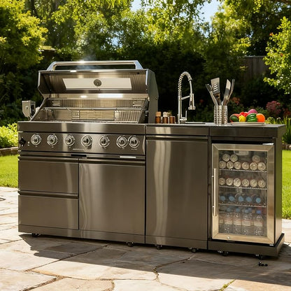 82-Inch Outdoor Kitchen Bar Island Grill with 6-Burner Natural Gas, 85,000 BTU Stainless Steel Gas Outdoor Grill Island Wine Cooler, Sink, Black Granite Countertops, For Patio Backyard BBQ, Black