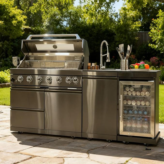 82-Inch Outdoor Kitchen Bar Island Grill with 6-Burner Natural Gas, 85,000 BTU Stainless Steel Gas Outdoor Grill Island Wine Cooler, Sink, Black Granite Countertops, For Patio Backyard BBQ, Black