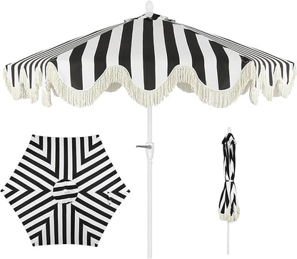 JONATHAN Y UMB1001 Collins 9 ft. Classic Cottage Tassel Market Patio Umbrella with Auto-Tilt, Crank, Wind Vent and UV Protection