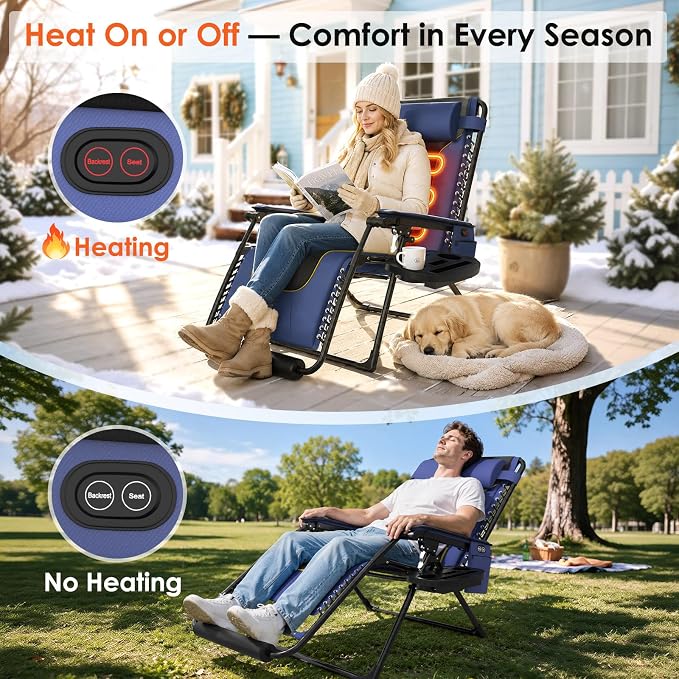 Suteck Heated Zero Gravity Chair, 400LBS 30.3" Padded Antigravity Chairs | Reclining Camping Chair with Headrest, Upgraded Lock, Large Cup Holder and Footrest, Patio Lounge Recliner for Indoor Outdoor