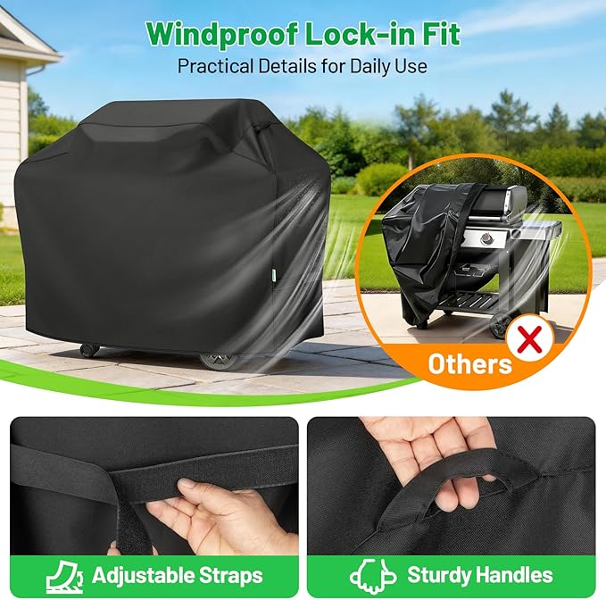 Grill Cover 60 Inch, BBQ Grill Cover for Weber, Char-Broil, Nexgrill Outdoor Grill, Heavy Duty Waterproof Barbecue Gas Grill Cover with Windproof Straps & Handles, Black