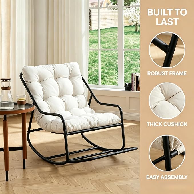 Outdoor Rocking Chairs, Metal Frame Outdoor Rocker with Footrest, Comfy Oversized Patio Chair with Thick Cushion, Reading Glider Lounge Chair for Living Room, Bedroom, Garden, Relax, White