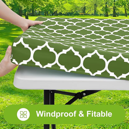 Smiry Picnic Fitted Table Cover, 5 Foot Flannel Backed Vinyl Tablecloth | Waterproof Elastic Stretch Table Cloth, Wipeable Plastic Tablecloth for Camping, Indoor & Outdoor (Green, 30" x 60")