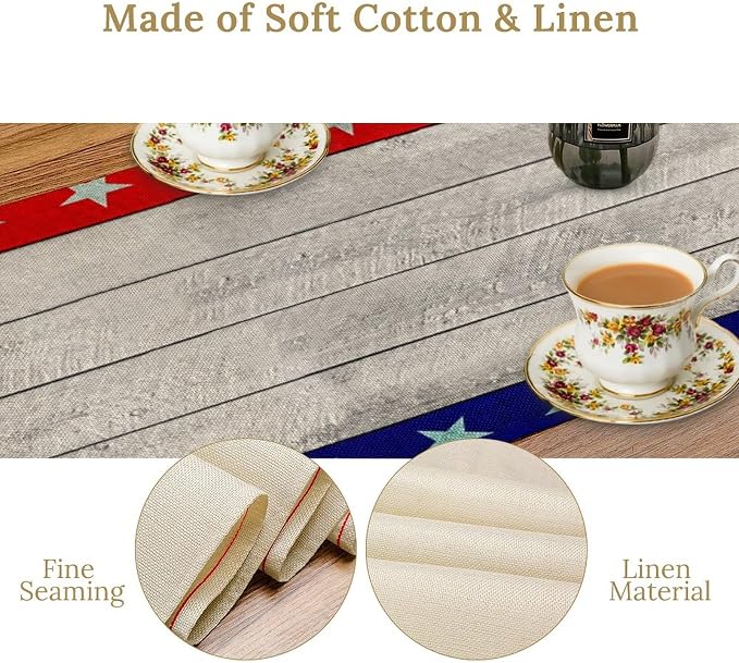4th of July Memorial Day Table Runner, USA Flag Patriotic Wood Indoor Patriotic Independence Table Decor for Home Party 13x108 Inch