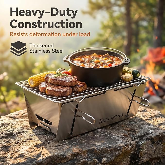 Foldable Stainless Steel Charcoal BBQ Grill with 15 Metal Skewers | Small Camping Barbecue Grill for 1‑3 People, Perfect for Making Kabobs at Garden, Beach, Picnic & Tabletop Gatherings