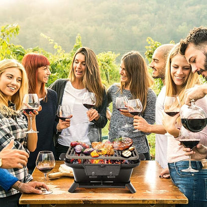 Happygrill Charcoal Grill Portable Barbecue Smoker Grill, Cast Iron Hibachi Grill with Double-sided Grilling Net Air Regulating Door Fire Gate for Outdoor Cooking Camping Hiking Party