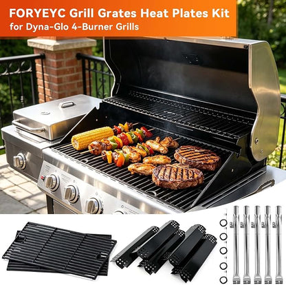 Grill Replacement Parts for Nexgrill 5-Burner 720-0888 720-0888N 720-0888A | 4-Burner 720-0830H 720-0830 Matte Cast Iron Cooking Grates, Porcelain Steel Heat Plate + Burner Tubes Kit for Nexgrill Parts