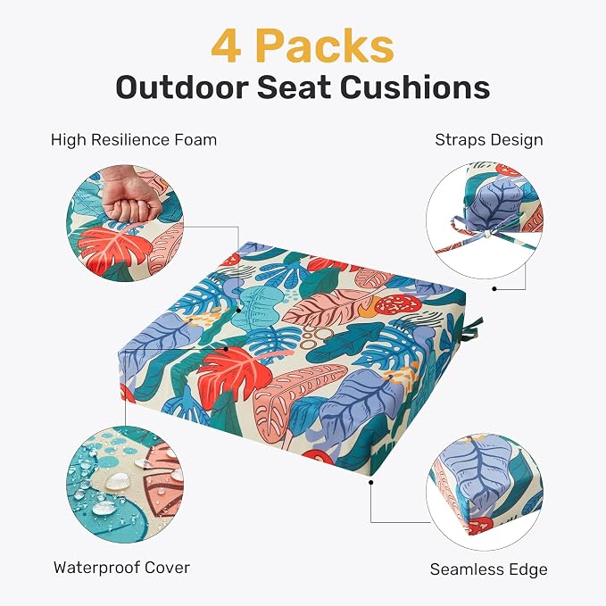 UNIKOME Outdoor Chair Cushions Pack of 4, Water Resistant Patio Cushions with Ties, High Density Sponge Filling Square Corner Seat Cushions for Outdoor Furniture, 19"*19"*3", Palm Tropical