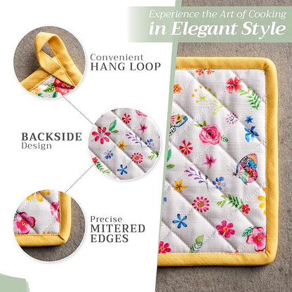 Maison d' Hermine 100% Cotton Oven Mitt & Pot Holder Set (7.5"x13" & 8"x8") Heat Resistant BBQ Cooking Gloves with Loop Baking Grilling Kitchen Home Farmhouse Spring Summer (Happy Florals - Sweety)