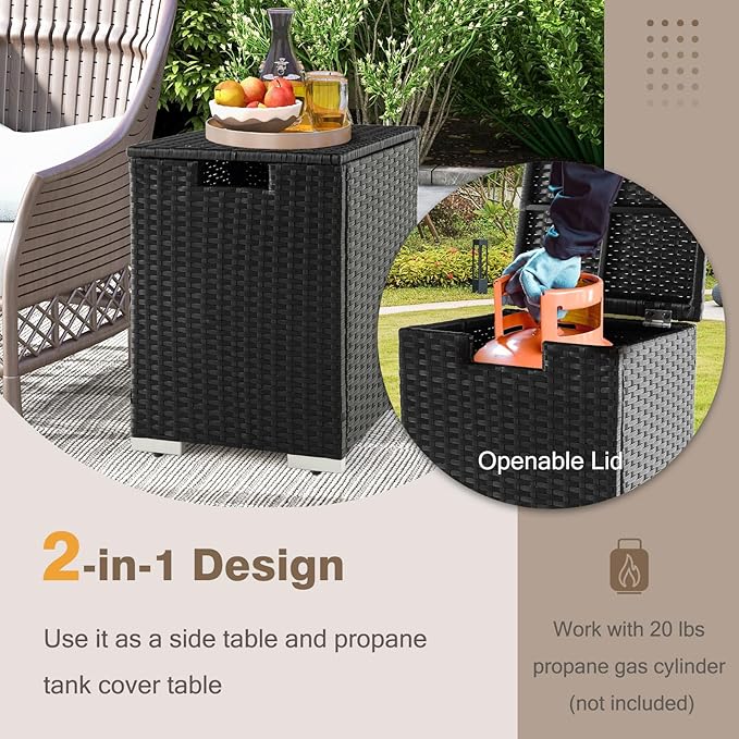 Tangkula Outdoor Propane Tank Cover Table, Patiojoy Wicker Hideaway Table for Gas Fire Pits, 20 lbs Propane Tank Storage Box, Outdoor Wicker Side Table & Propane Tank Holder (Black)