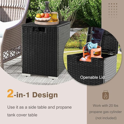 Tangkula Outdoor Propane Tank Cover Table, Patiojoy Wicker Hideaway Table for Gas Fire Pits, 20 lbs Propane Tank Storage Box, Outdoor Wicker Side Table & Propane Tank Holder (Black)